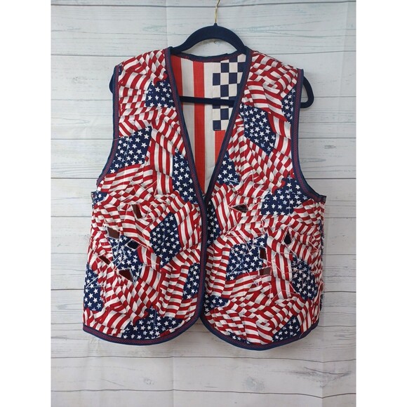 Vtg Handmade Americana Vest Open Front Uncle Sam USA Flag Insulated M/L Cut Up - Picture 7 of 10